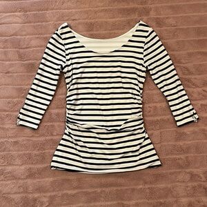 WHBM Black/White Stripped Ruched Sides Dual Neck Shirt